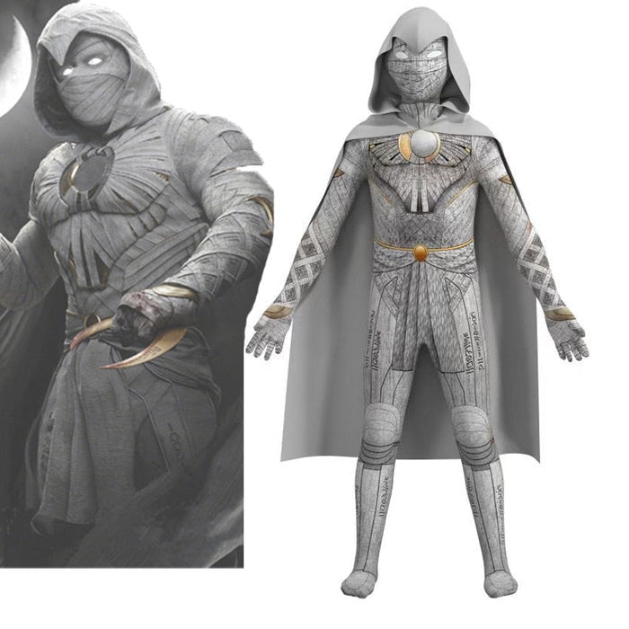 Fantasia Infantil Cavaleiro da Lua com roupa, máscara e capa, em poliéster. Perfeita para crianças, combina aventuras mágicas e conforto, ideal para brincadeiras e festas!