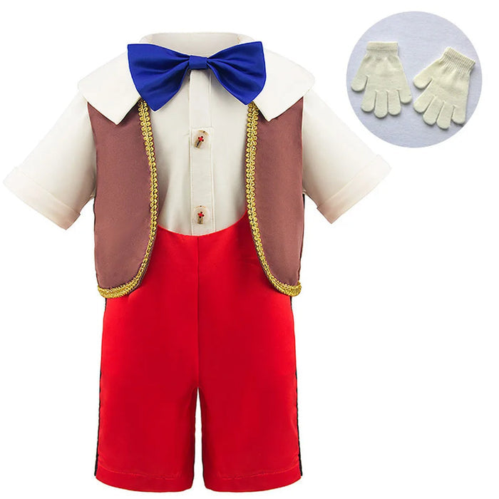 Fantasia Infantil Pinóquio com chapéu, macacão e luvas, em poliéster. Perfeita para crianças, combina aventuras mágicas e conforto, ideal para brincadeiras e festas!
