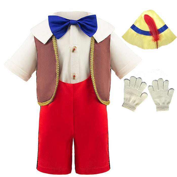 Fantasia Infantil Pinóquio com chapéu, macacão e luvas, em poliéster. Perfeita para crianças, combina aventuras mágicas e conforto, ideal para brincadeiras e festas!
