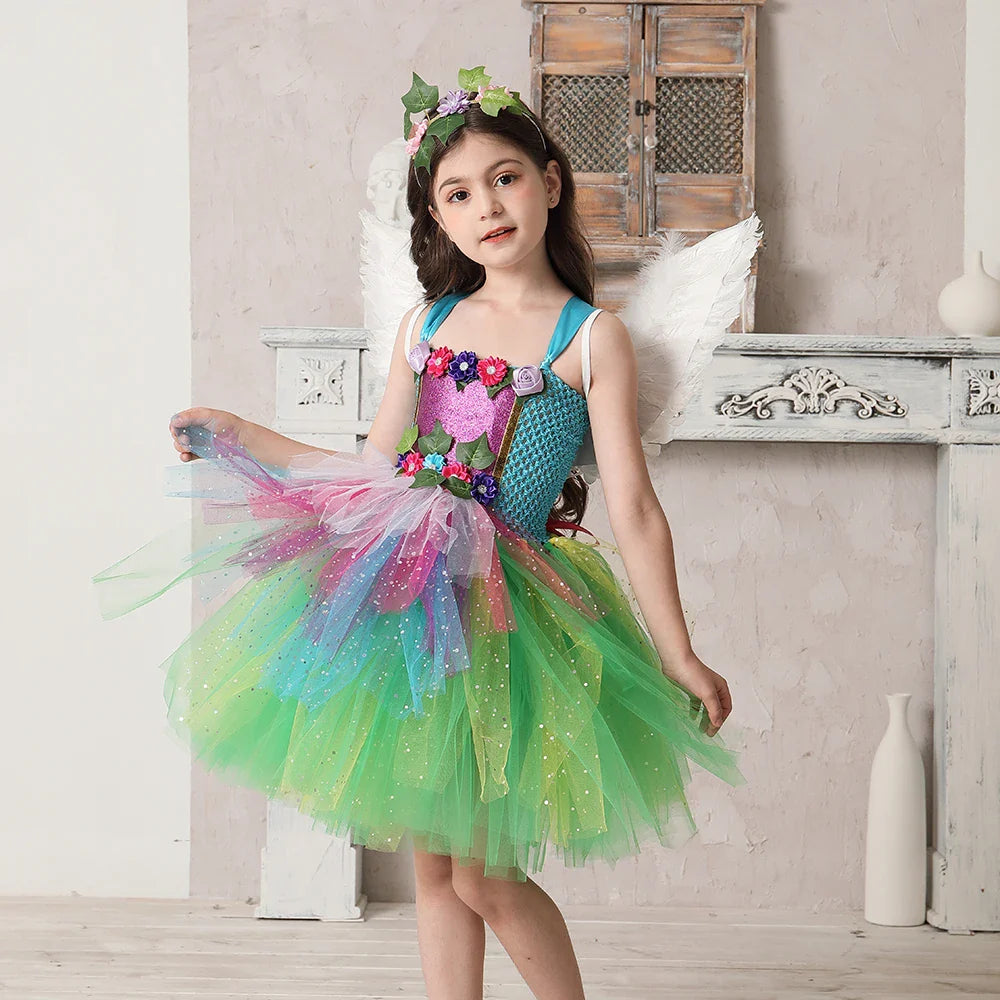 Fantasia Infantil Fada Arco Íris com vestido, acessório de cabelo e asa de borboleta, em elastano, tule, nylon e voile. Perfeita para crianças em aventuras encantadas!