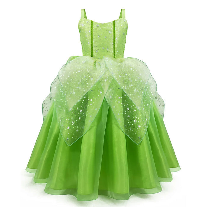 Fantasia Infantil Fada Tinker Bell com vestido, asa, luva, coroa, colar e brinco, em poliéster e viscose. Perfeita para crianças, combina magia e conforto em aventuras!
