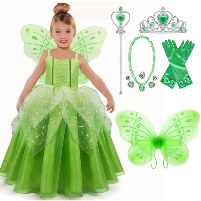Fantasia Infantil Fada Tinker Bell com vestido, asa, luva, coroa, colar e brinco, em poliéster e viscose. Perfeita para crianças, combina magia e conforto em aventuras!