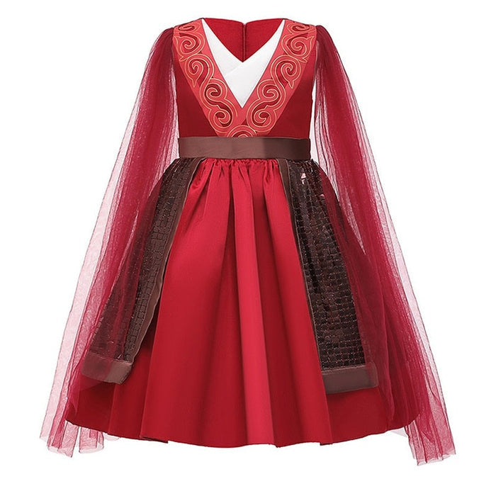Fantasia Infantil Guerreira Mulan com vestido, leque e espada, em poliéster. Perfeita para crianças em festas e eventos, inspirada na heroína com estilo e bravura!