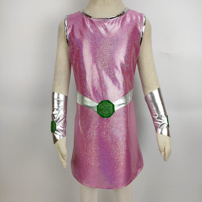 Fantasia Infantil Estelar Jovens Titãs com vestido, cinto, luvas e meia topo, em spandex. Perfeita para crianças em festas, com design vibrante de heroína dos Titãs!
