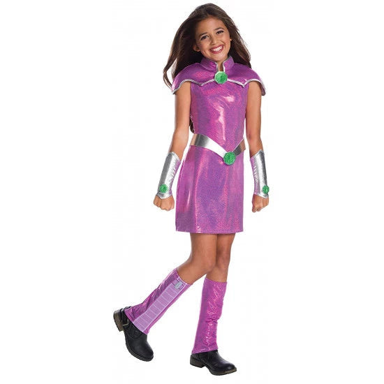 Fantasia Infantil Estelar Jovens Titãs com vestido, cinto, luvas e meia topo, em spandex. Perfeita para crianças em festas, com design vibrante de heroína dos Titãs!