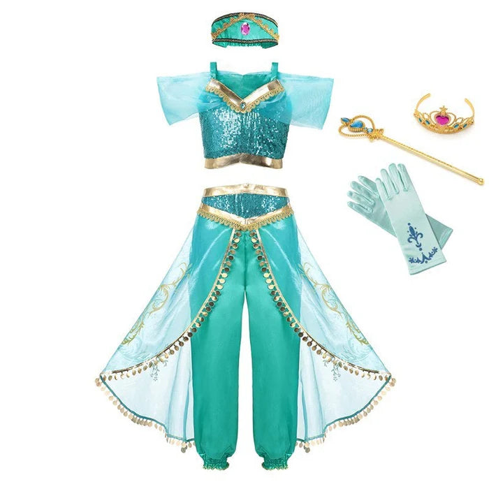 Fantasia Infantil Jasmine Aladdin com vestido, coroa, luva e varinha, em poliéster, cetim e voile. Perfeita para crianças, combina magia e conforto em aventuras!