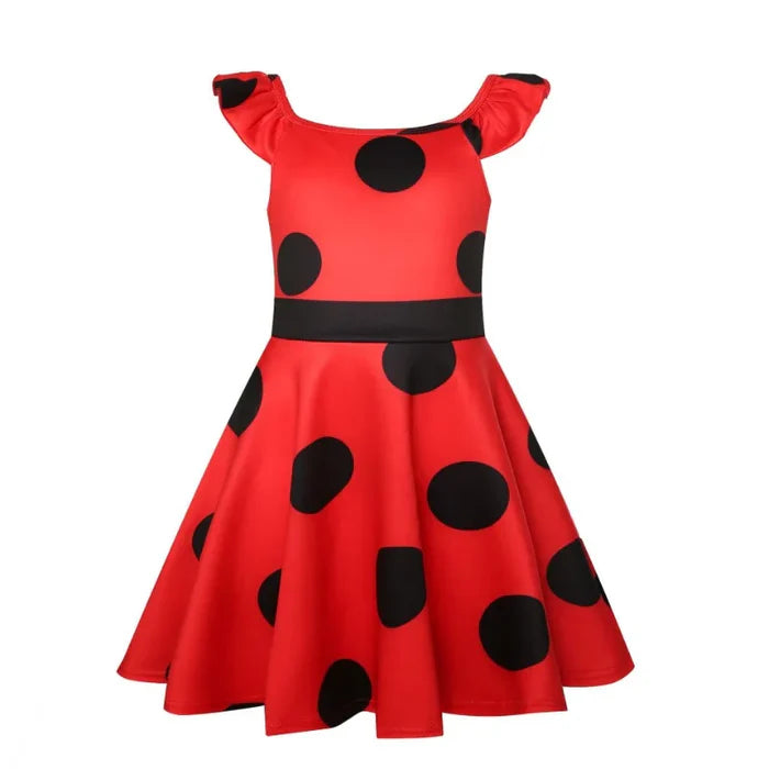 Fantasia Infantil Ladybug Miraculous com vestido, bolsa e máscara, em poliéster. Perfeita para crianças, combina magia e conforto em aventuras encantadas e festas!