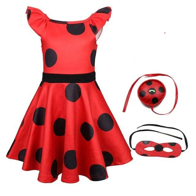 Fantasia Infantil Ladybug Miraculous com vestido, bolsa e máscara, em poliéster. Perfeita para crianças, combina magia e conforto em aventuras encantadas e festas!