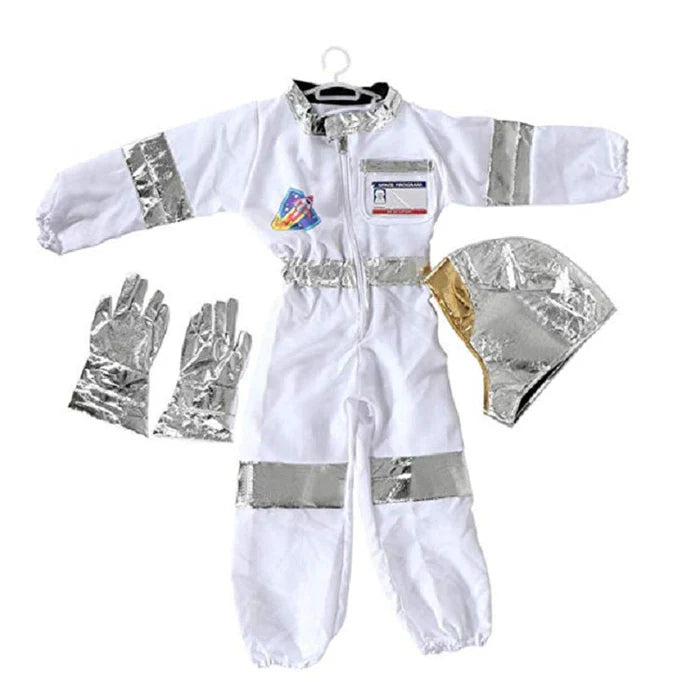 Fantasia Infantil Macacão Astronauta com macacão, capacete e luvas, em elastano. Perfeita para crianças, combina aventuras espaciais e conforto em brincadeiras mágicas!