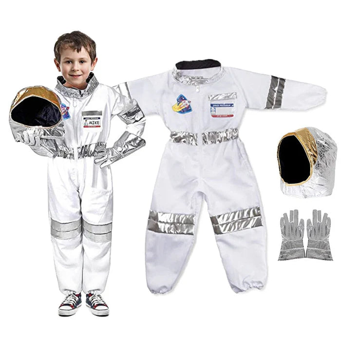 Fantasia Infantil Macacão Astronauta com macacão, capacete e luvas, em elastano. Perfeita para crianças, combina aventuras espaciais e conforto em brincadeiras mágicas!