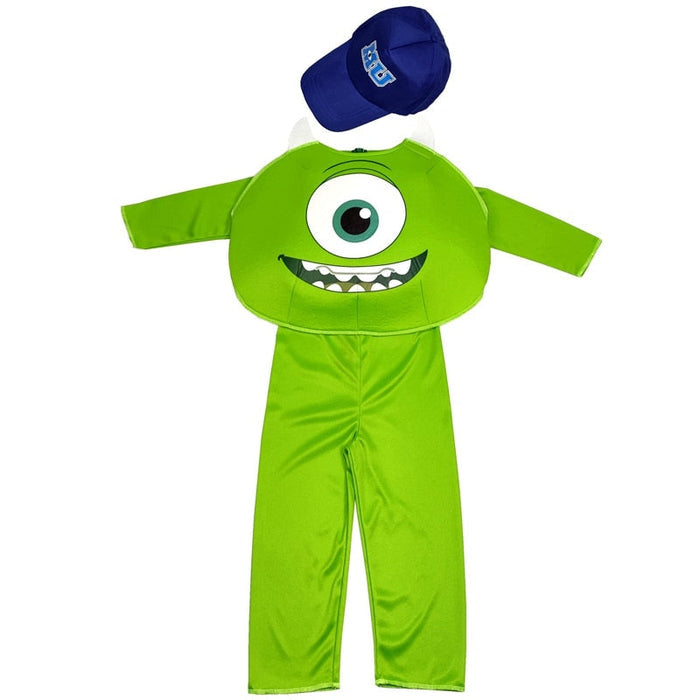 Fantasia Infantil Mike Universidade de Monstros com macacão e boné, em elastano. Perfeita para crianças, combina aventuras mágicas e conforto em brincadeiras e festas!