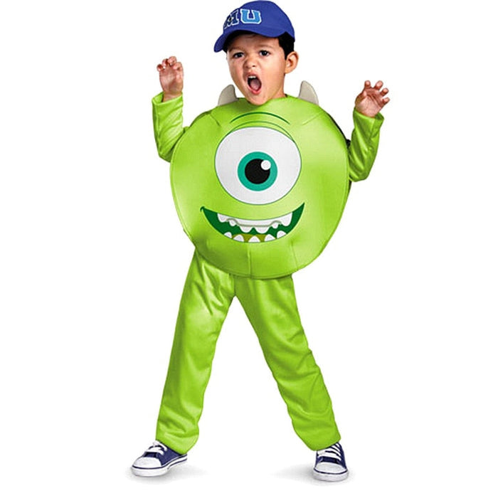 Fantasia Infantil Mike Universidade de Monstros com macacão e boné, em elastano. Perfeita para crianças, combina aventuras mágicas e conforto em brincadeiras e festas!