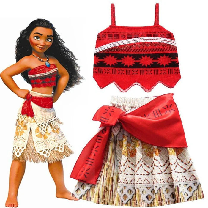 Fantasia Infantil Moana Completa com vestido, colar, ursinhos galo e porquinho, e cabelo, em poliéster e algodão. Perfeita para crianças, combina magia e conforto!