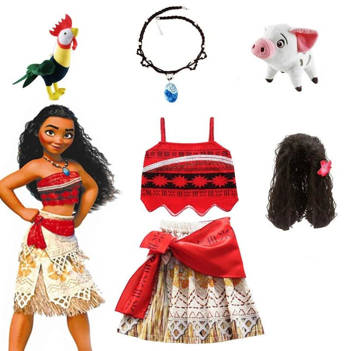Fantasia Infantil Moana Completa com vestido, colar, ursinhos galo e porquinho, e cabelo, em poliéster e algodão. Perfeita para crianças, combina magia e conforto!