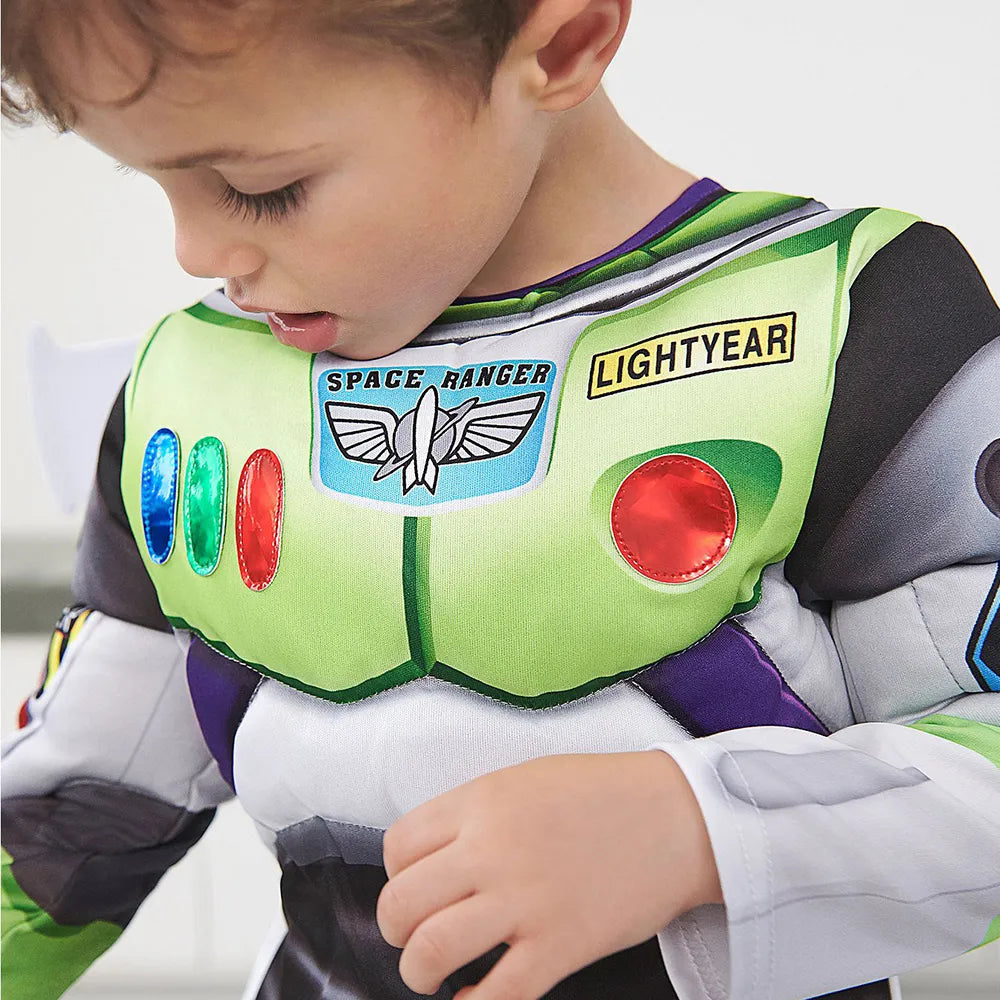 Fantasia Infantil Buzz Lightyear, em poliéster, perfeita para crianças em aventuras espaciais mágicas. Ideal para festas e brincadeiras, combina estilo e conforto!