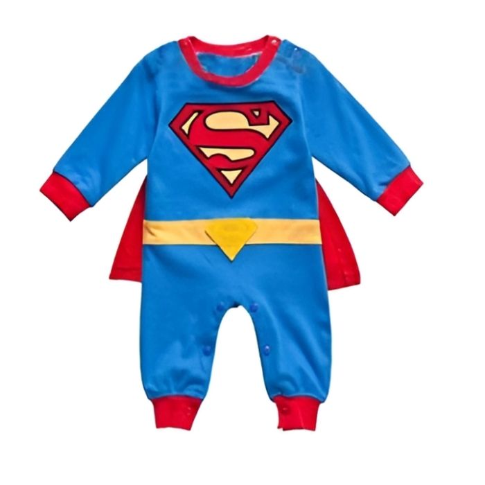 Fantasia Infantil Pequeno Herói Super-Homem com macacão em algodão. Perfeita para crianças, ideal para brincadeiras e festas, com design de super-herói confortável!