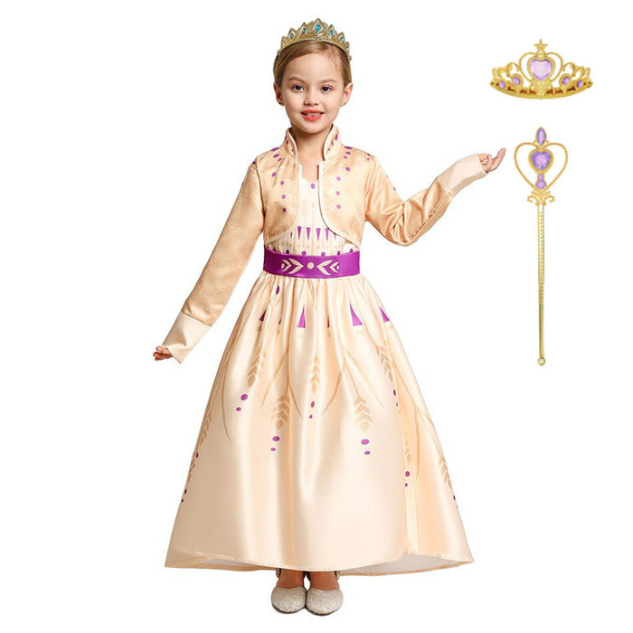 Fantasia Infantil Princesa Anna Frozen com vestido, coroa e varinha, em cetim, malha e poliéster. Perfeita para crianças em festas e eventos temáticos com estilo mágico!
