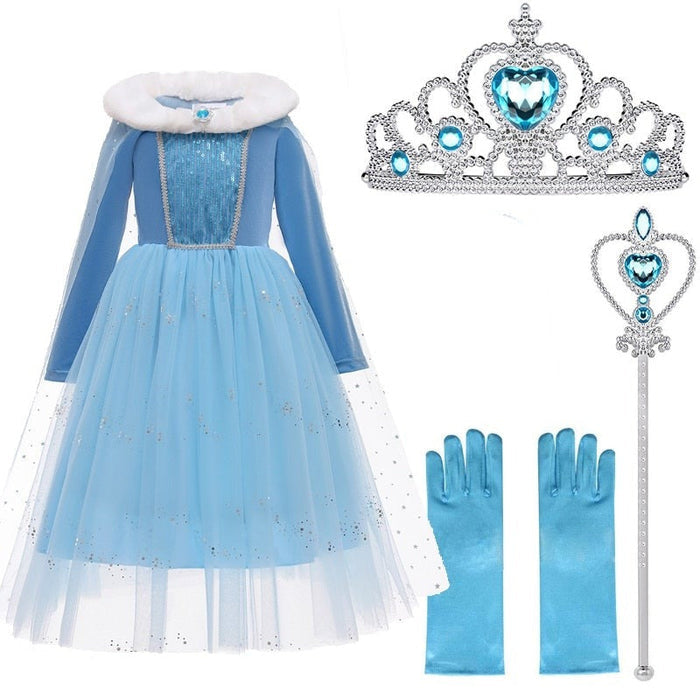 Fantasia Infantil Princesa Cinderela com vestido, coroa, luvas e varinha, em poliéster e malha. Perfeita para crianças em festas, com estilo mágico de conto de fadas!