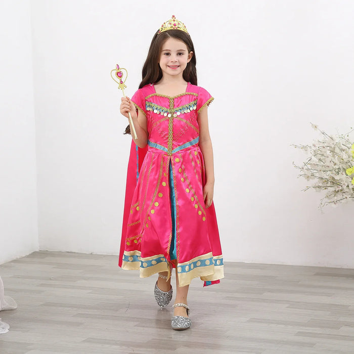 Fantasia Infantil Princesa Jasmine Rosa com vestido, coroa e varinha, em poliéster. Perfeita para crianças, ideal para festas e brincadeiras mágicas com estilo oriental!