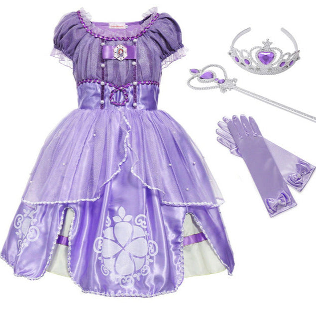 Fantasia Infantil Princesinha Sofia com vestido, coroa, luvas e varinha, em algodão e poliéster. Perfeita para crianças em festas e brincadeiras com charme de realeza!