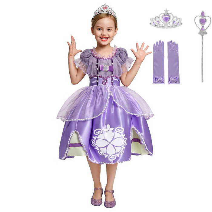 Fantasia Infantil Princesinha Sofia com vestido, coroa, luvas e varinha, em algodão e poliéster. Perfeita para crianças em festas e brincadeiras com charme de realeza!