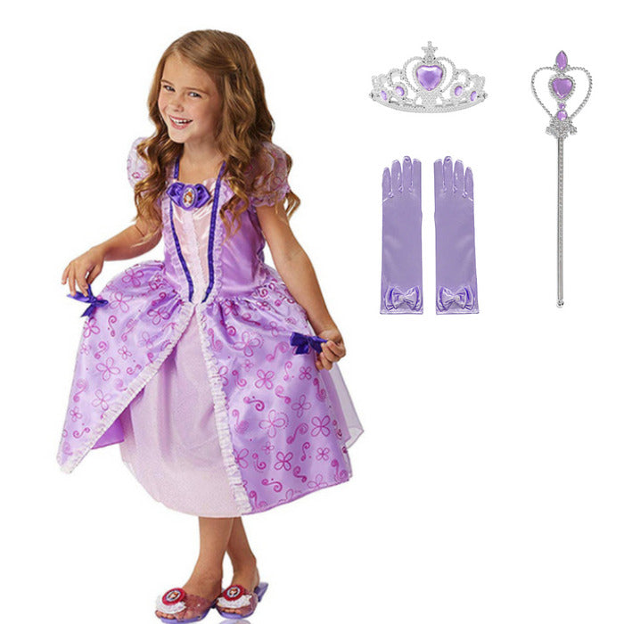 Fantasia Infantil Realeza Princesa Sofia com vestido, coroa, varinha e luvas, em algodão, cetim e cottom. Perfeita para crianças em festas com design real e elegante!