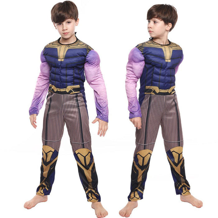 Fantasia Infantil Titã do Infinito Thanos com roupa, máscara e luva, em algodão. Perfeita para crianças, combina aventuras mágicas e conforto em brincadeiras e festas!