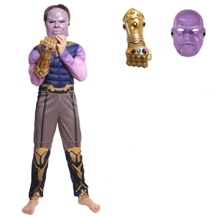 Fantasia Infantil Titã do Infinito Thanos com roupa, máscara e luva, em algodão. Perfeita para crianças, combina aventuras mágicas e conforto em brincadeiras e festas!