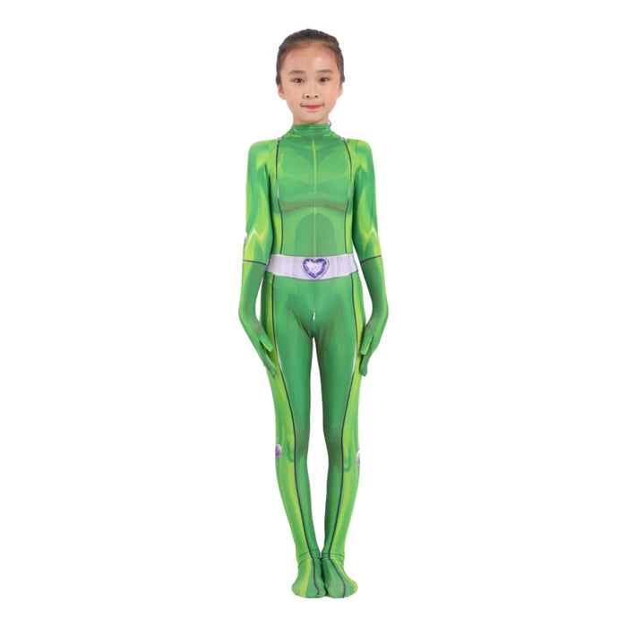 Fantasia Infantil Três Espiãs Demais com macacão em poliéster e spandex. Perfeita para crianças, ideal para aventuras secretas com design das espiãs Clover, Sam e Alex!