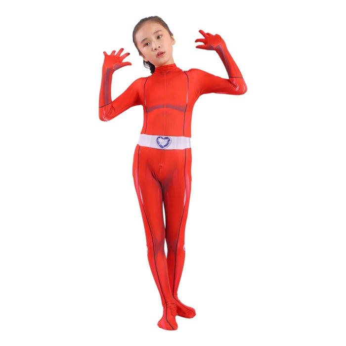 Fantasia Infantil Três Espiãs Demais com macacão em poliéster e spandex. Perfeita para crianças, ideal para aventuras secretas com design das espiãs Clover, Sam e Alex!