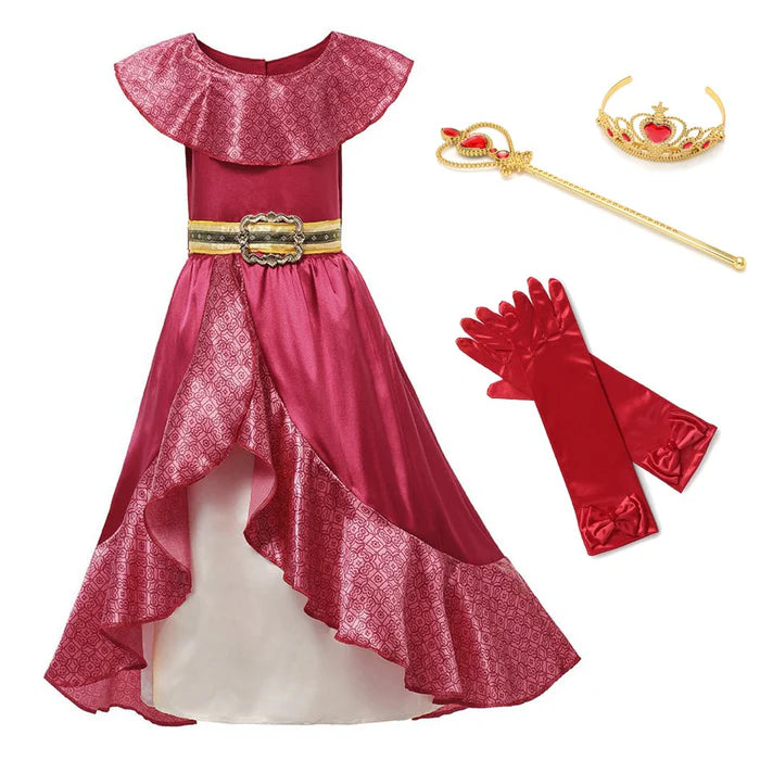 Fantasia Infantil Elena de Avalor com vestido, coroa, luva e varinha, em poliéster e algodão. Perfeita para crianças, combina magia e conforto em aventuras encantadas!