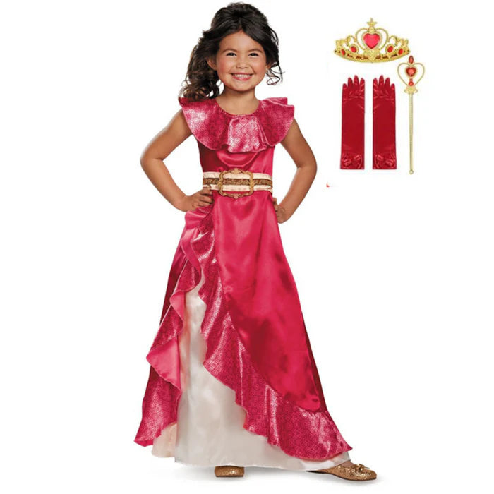Fantasia Infantil Elena de Avalor com vestido, coroa, luva e varinha, em poliéster e algodão. Perfeita para crianças, combina magia e conforto em aventuras encantadas!