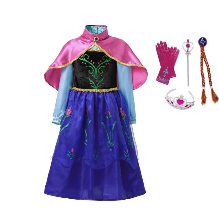 Fantasia Infantil Princesa Anna com vestido, coroa, varinha, luva e cabelo, em malha, poliéster e cetim. Perfeita para crianças, combina magia e conforto em aventuras!