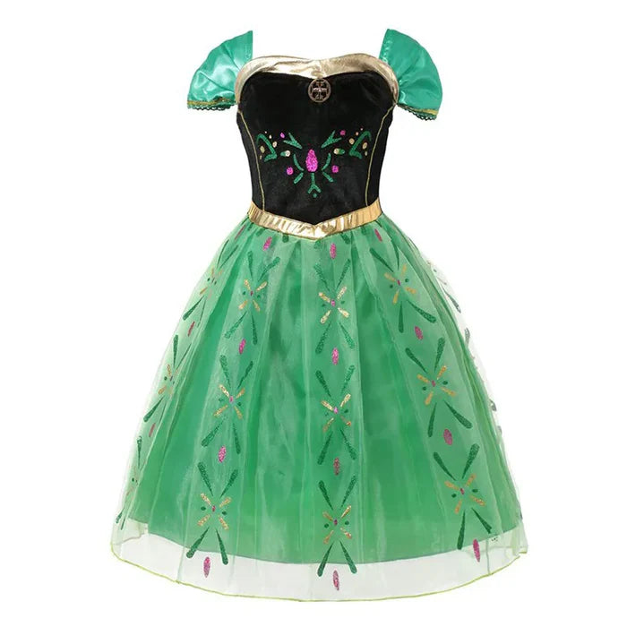 Fantasia Infantil Princesa Anna Coroação com vestido, coroa, varinha e luva, em malha e poliéster. Perfeita para crianças, combina magia e conforto em aventuras!