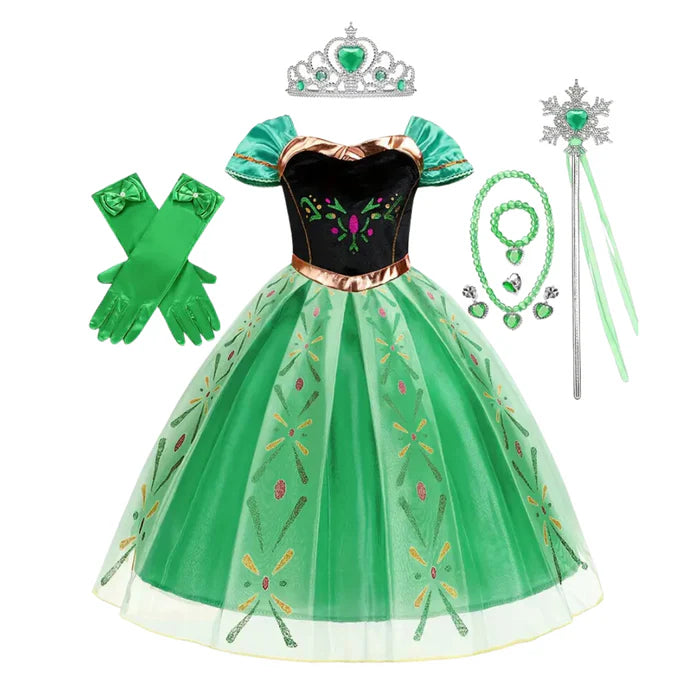 Fantasia Infantil Princesa Anna Coroação com vestido, coroa, varinha e luva, em malha e poliéster. Perfeita para crianças, combina magia e conforto em aventuras!