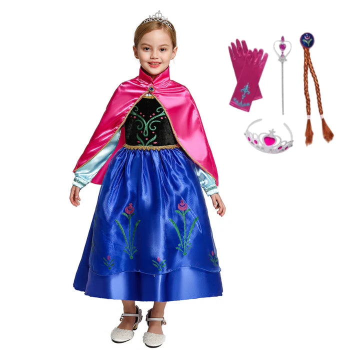 Fantasia Infantil Princesa Anna com vestido, coroa, varinha, luva e cabelo, em malha, poliéster e cetim. Perfeita para crianças, combina magia e conforto em aventuras!