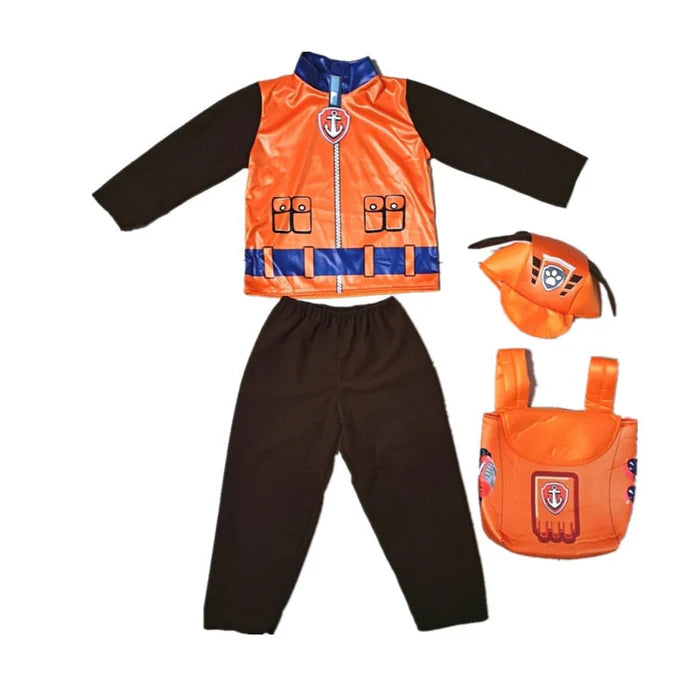 Fantasia Infantil Zuma Patrulha Canina com blusa, boné, calça e mochila, em poliéster. Perfeita para crianças em festas e brincadeiras, com design mágico da Patrulha!