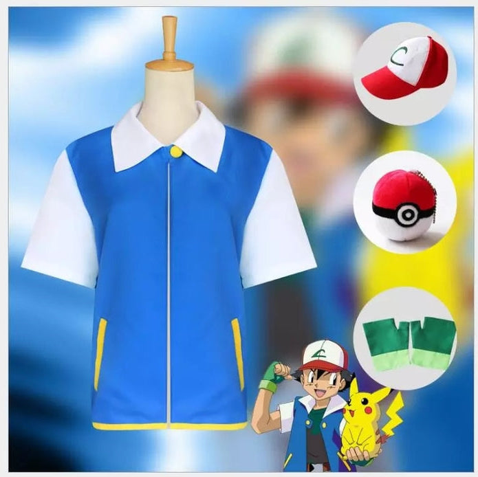 Fantasia Treinador Pokémon Ash Ketchum com colete, boné, luva e bola, em poliéster. Perfeita para crianças, combina aventuras mágicas e qualidade em brincadeiras!