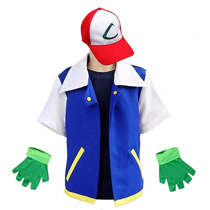 Fantasia Treinador Pokémon Ash Ketchum com colete, boné, luva e bola, em poliéster. Perfeita para crianças, combina aventuras mágicas e qualidade em brincadeiras!