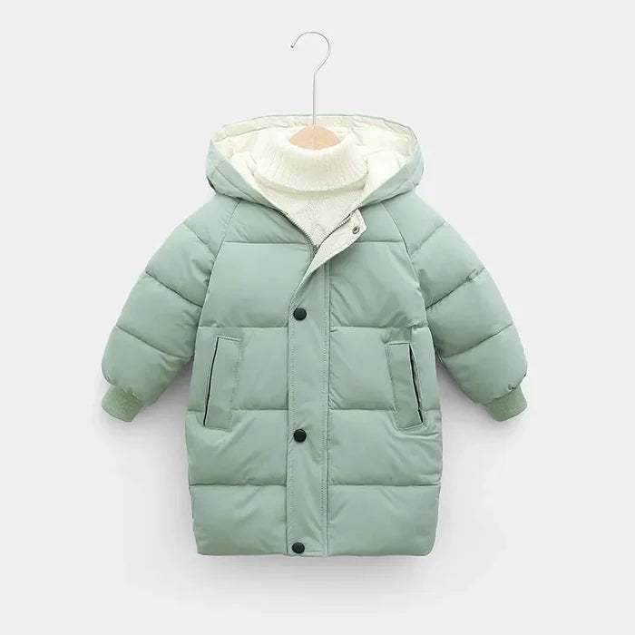 Jaqueta Infantil Acolchoada Unissex com capuz, em poliéster e algodão, com forro de algodão. Quente, resistente e estilosa, perfeita para crianças no inverno!