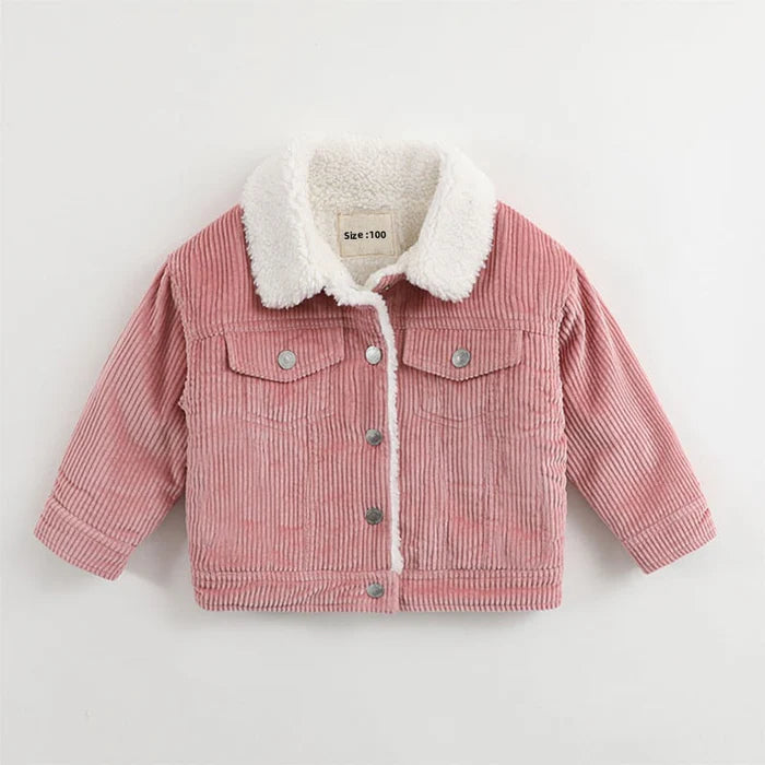 Jaqueta Infantil em Veludo Unissex, quente com forro sherpa, gola polo e isolamento térmico. Feita em algodão e veludo, ideal para crianças no inverno, confortável!