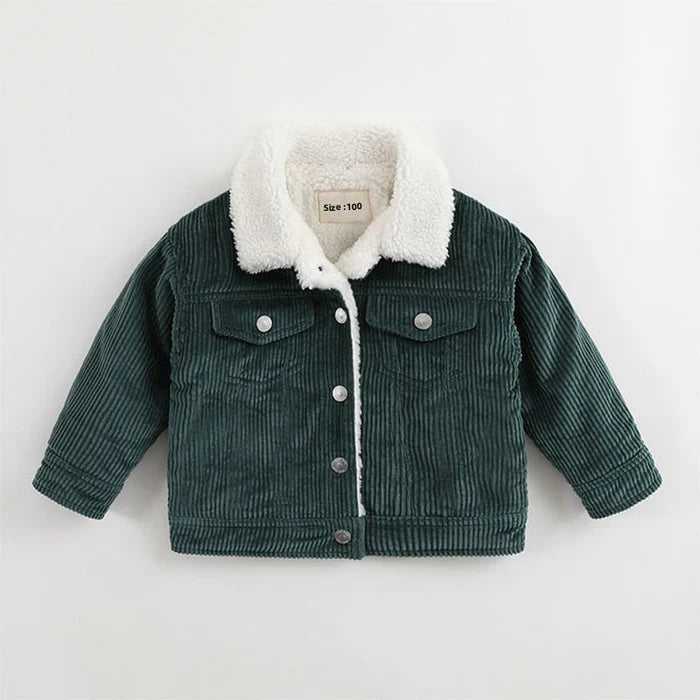 Jaqueta Infantil em Veludo Unissex, quente com forro sherpa, gola polo e isolamento térmico. Feita em algodão e veludo, ideal para crianças no inverno, confortável!