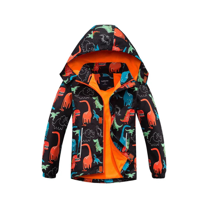 Jaqueta Infantil Impermeável com Estampa de Dinossauros, em poliéster fleece, forro peluciado e capuz removível. Quente e estilosa, perfeita para crianças no inverno!