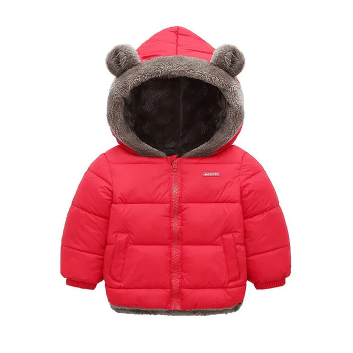 Jaqueta Infantil Puffer Ursinho com Capuz Removível, quente e estilosa, com forro de pelúcia e isolamento térmico. Perfeita para crianças no inverno, em poliéster e algodão!