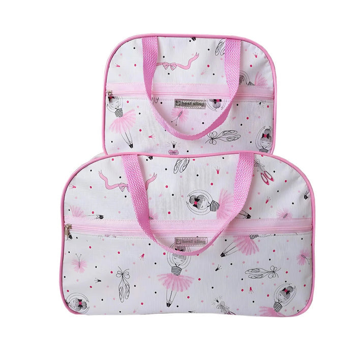 Kit Bolsa Maternidade Bailarina Rosa, 2 bolsas com estampa de bailarinas, resistentes, com zíper. Grande (43cm) e pequena (30cm), perfeitas para itens do bebê com estilo!