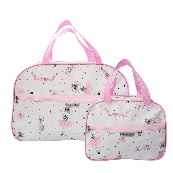 Kit Bolsa Maternidade Bailarina Rosa, 2 bolsas com estampa de bailarinas, resistentes, com zíper. Grande (43cm) e pequena (30cm), perfeitas para itens do bebê com estilo!