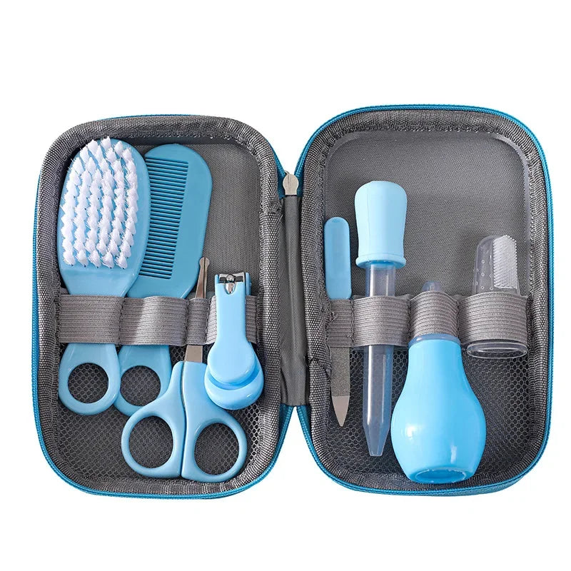 Kit higiene bebê 8 peças com estojo em EVA, escova, pente, cortador de unhas e acessórios essenciais para cuidados diários do recém-nascido.