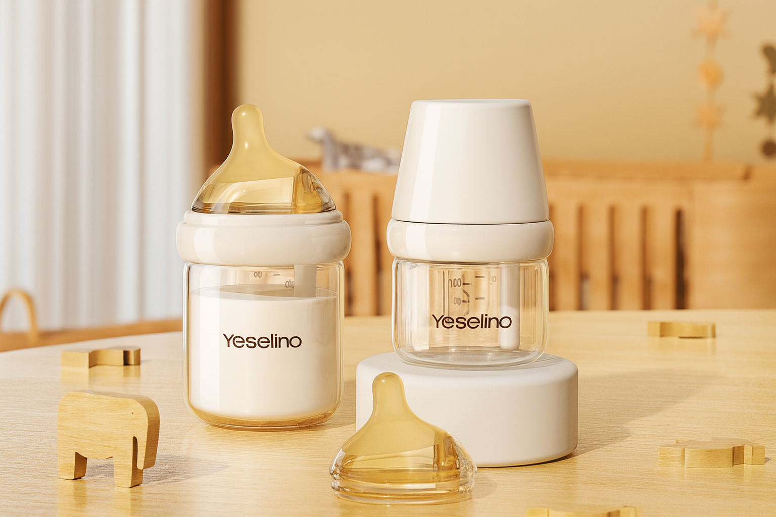 Mamadeira Yeselino 6ª Geração em vidro, anticólica, com bico de silicone e design seguro para bebês de 0 a 6 meses.