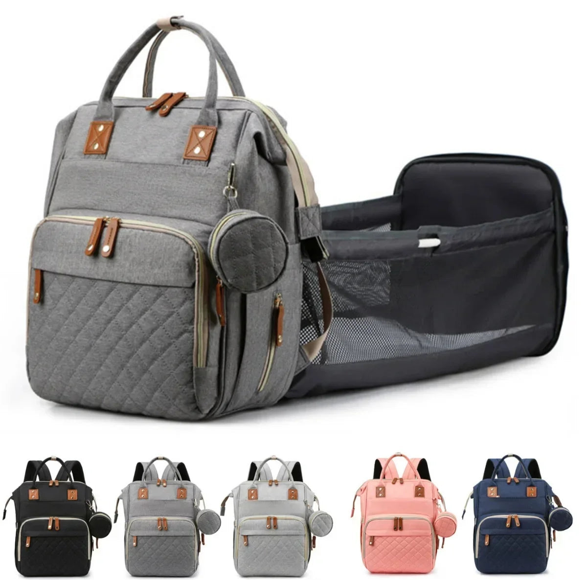 Mochila maternidade 3 em 1 com berço dobrável, compartimento térmico e espaço amplo para os cuidados com o bebê.