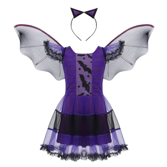 Vestido Fantasia Vampirinha com capa e arquinho, em malha e poliéster. Perfeita para crianças, combina magia e qualidade em brincadeiras encantadas e festas temáticas!